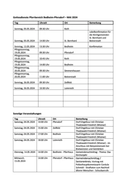 Gottesdienste Bedheim-Pfersdorf Mai 2024